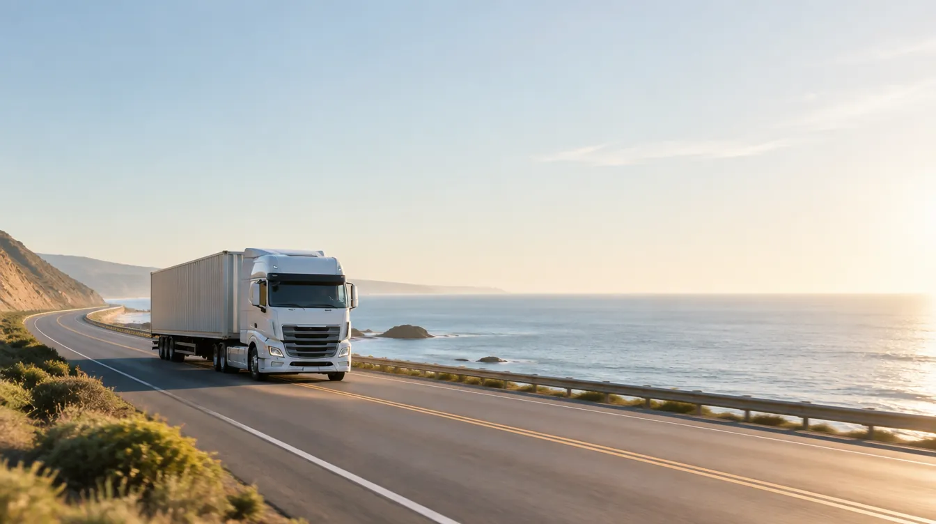 A container truck on a coastal highway at sunrise